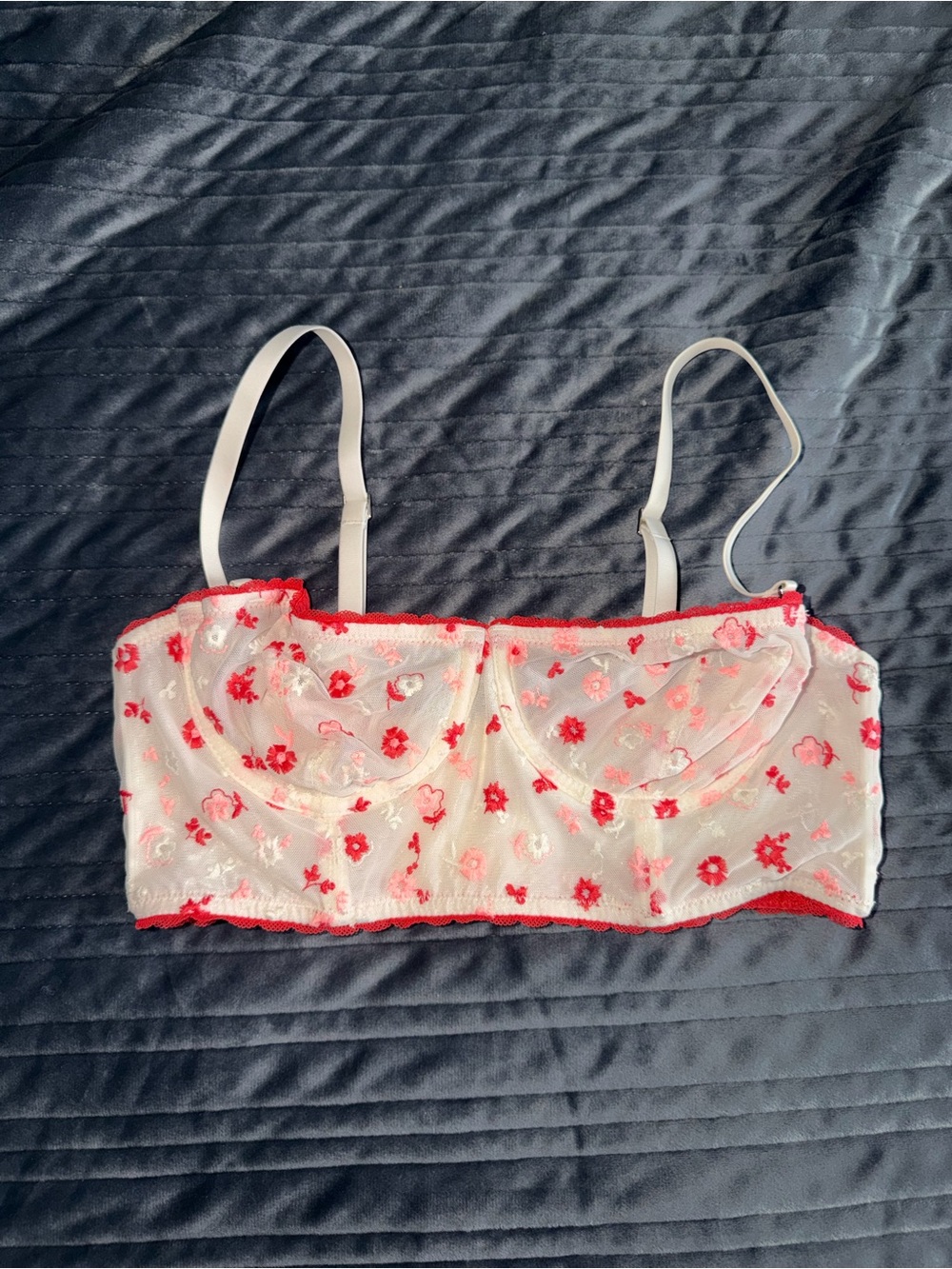aerie White Sheer Bralette with Red Floral Embroidery